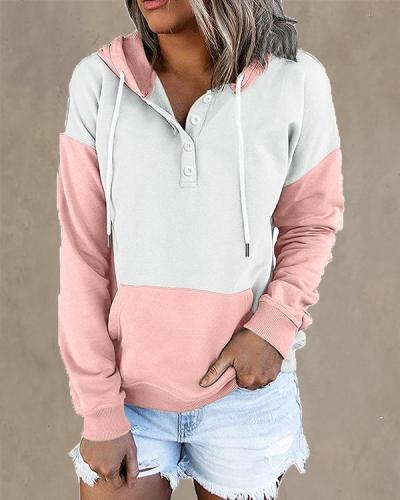 Contrast Women's Button Hoodie Pocket Pullover