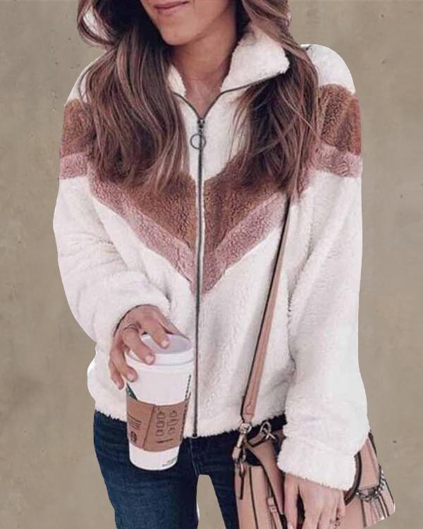 Casual Colorblock Zipper Plush Lapel Coat