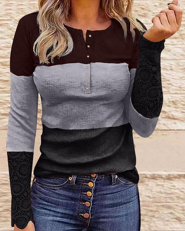 Button Slim Fit Colorblock Daily Autumn Pullover Top