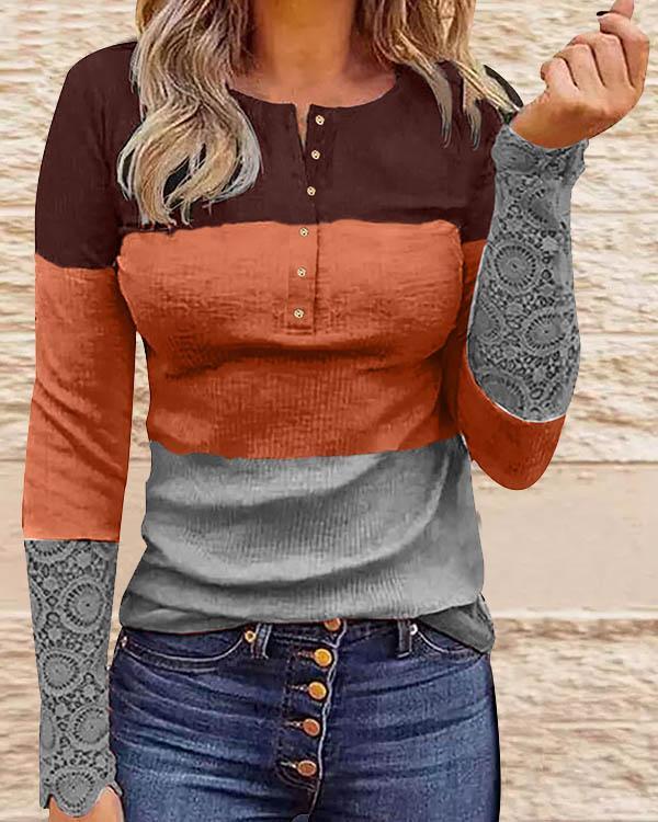 Button Slim Fit Colorblock Daily Autumn Pullover Top