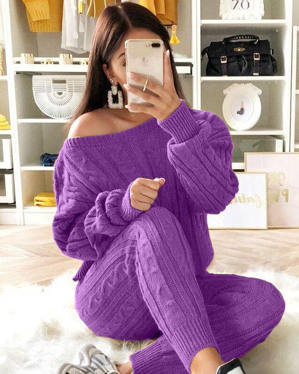 Women's Stylish Round Neck Two Piece Casual Warm Knit Wear Suit Sets