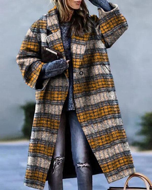 Lapel Plaid Letter Calf-length Loose Fit Overcoat with Pockets