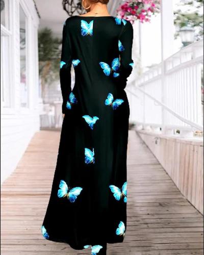Casual Dresses Black & Aqua Blue Butterfly Pocket Long Sleeve Maxi Dress