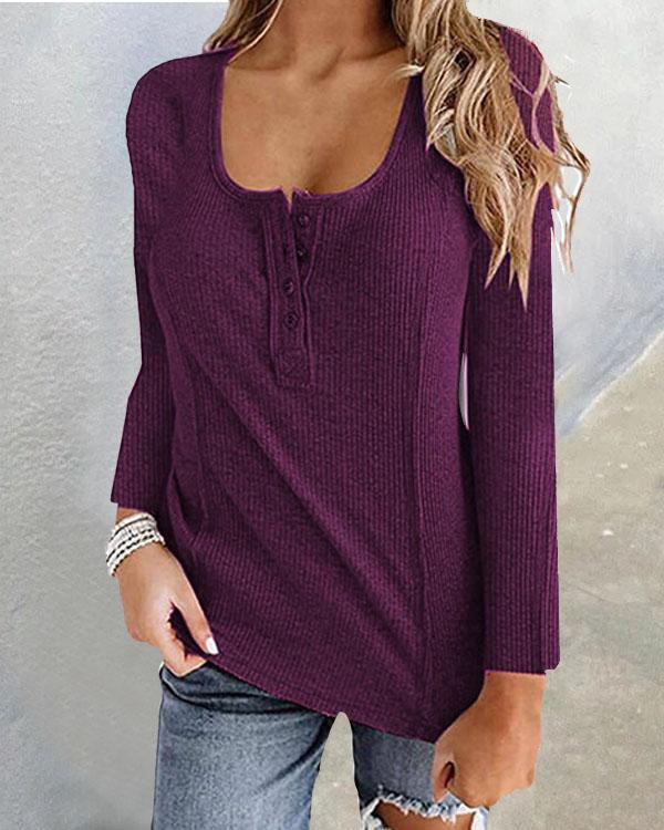 Plain Color Button U Neck Basic Fall T-shirt Tops