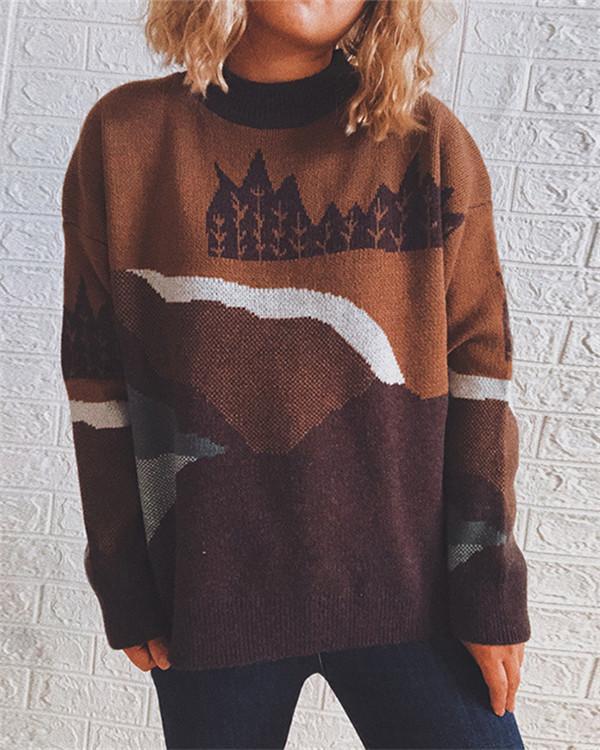 Round Neck Long Sleeve Forest Pattern Sweater Pullover