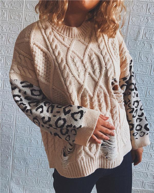 Leopard Print Stitched Crew Neck Knitted Sweater