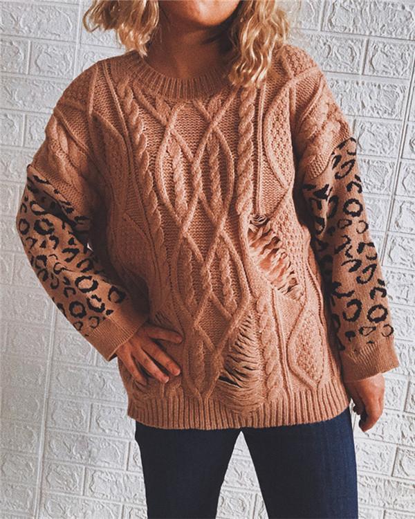 Leopard Print Stitched Crew Neck Knitted Sweater