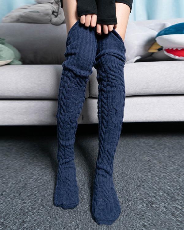 Women Crotchet Pattern Cable Knit Stockings