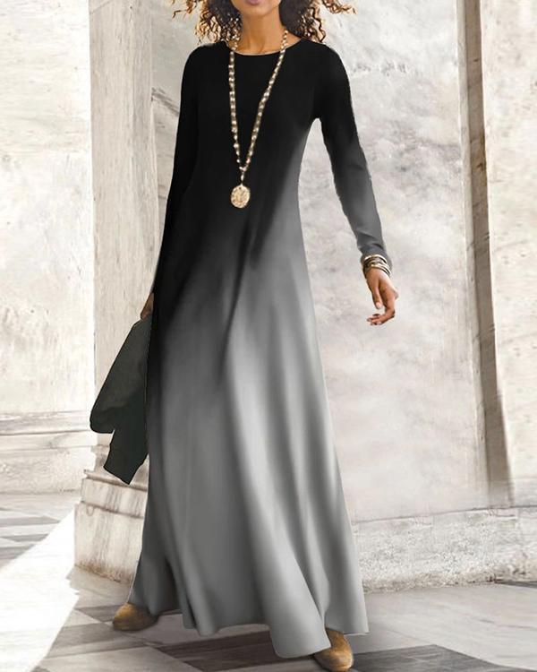 Gradient Long Sleeves Shift Casual Maxi Dresses