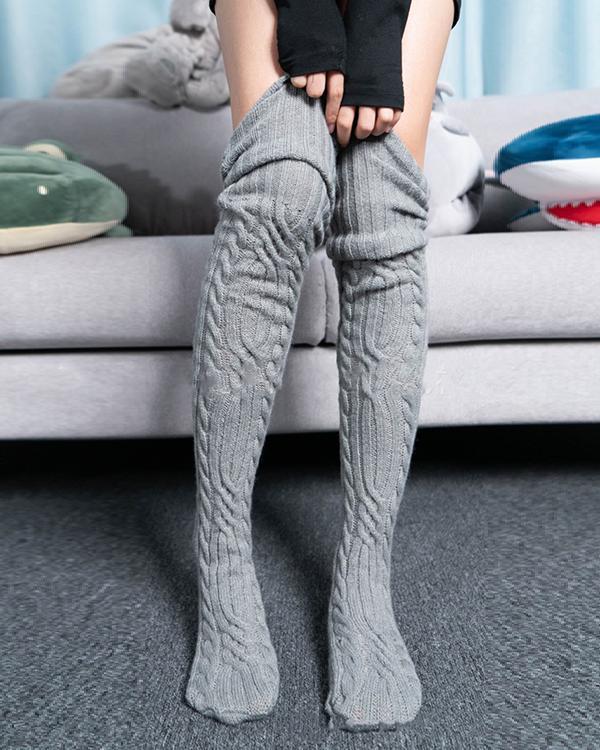 Women Crotchet Pattern Cable Knit Stockings