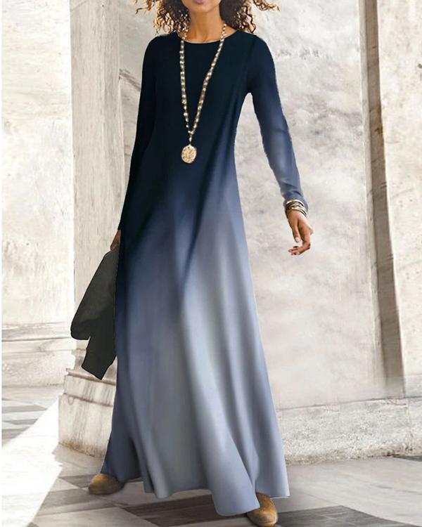 Gradient Long Sleeves Shift Casual Maxi Dresses