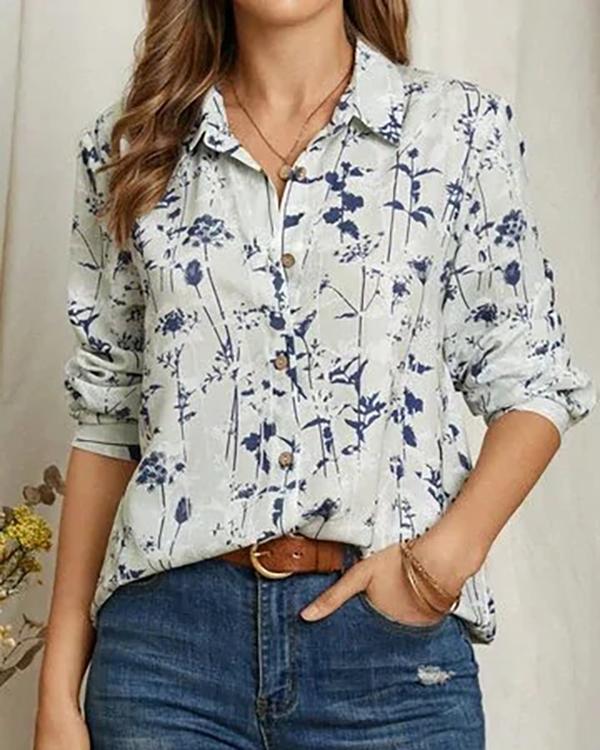 Lapel Long Sleeve Loose Printed Top