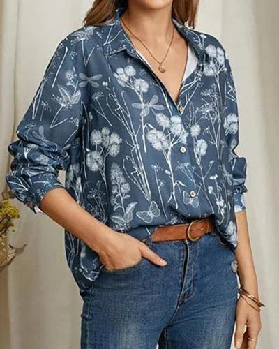 Lapel Long Sleeve Loose Printed Top