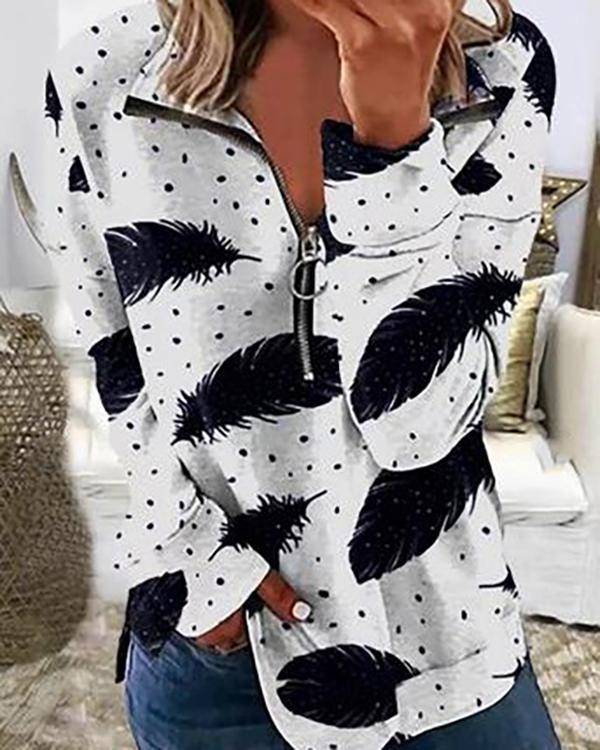 Long-sleeved Zipper Lapel Printed Sweatshirt