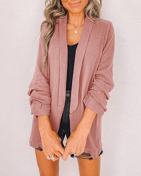 Plus Size Rolled Sleeve Simple Shawl Neck Blazer with Pocket