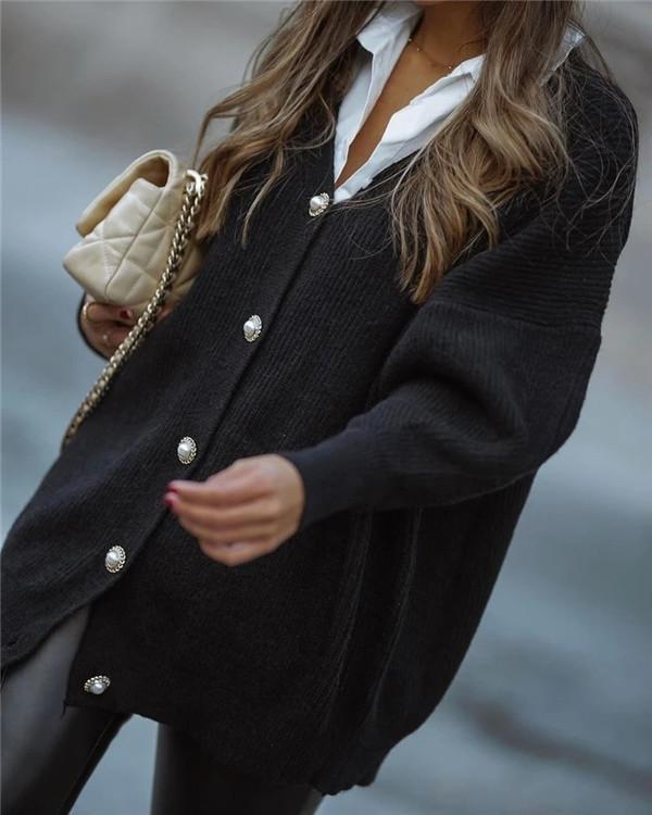 Casual Simple Black Button Front Cardigan