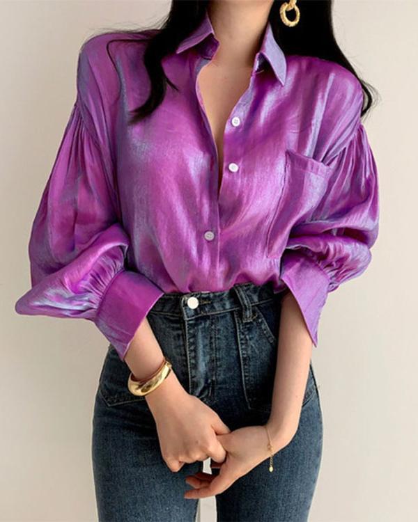 Fashion Button Lapel Long Sleeve Top