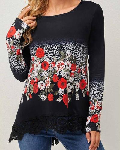 Lace Stitching Print Loose Long Sleeve Top