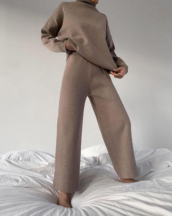 Pure Color Comfy Turtleneck Knit Sweater and Trousers Women's Suit