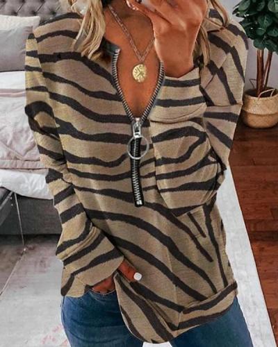 Casual Basic Zebra Print Zipper Long-sleeved Sweatshirt