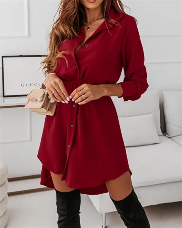 Single-breasted Belt Slim Long-sleeved Lapel Dress