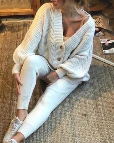 Women Cozy Sweater Knit Pants Suit Chunky Cable Knit Set