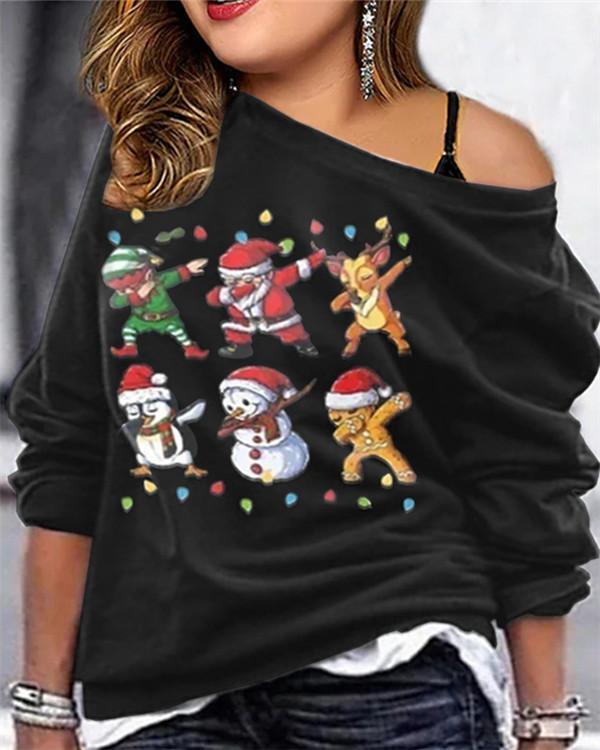 Christmas Print Circular Neck Long Sleeve Casual Loose Hoodie