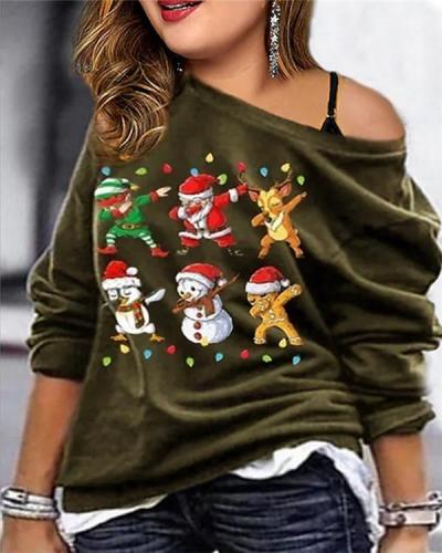 Christmas Print Circular Neck Long Sleeve Casual Loose Hoodie