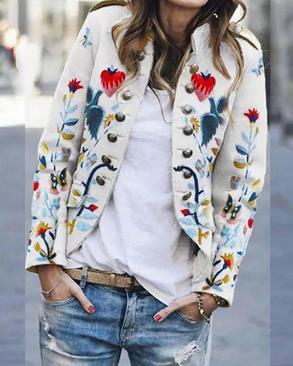 Winter Fashion Vintage Print Buttons Outerwear