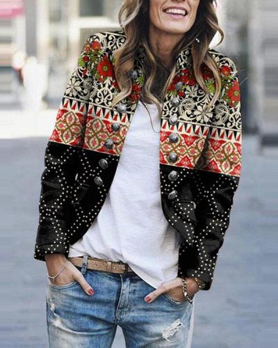 Winter Fashion Vintage Print Buttons Outerwear