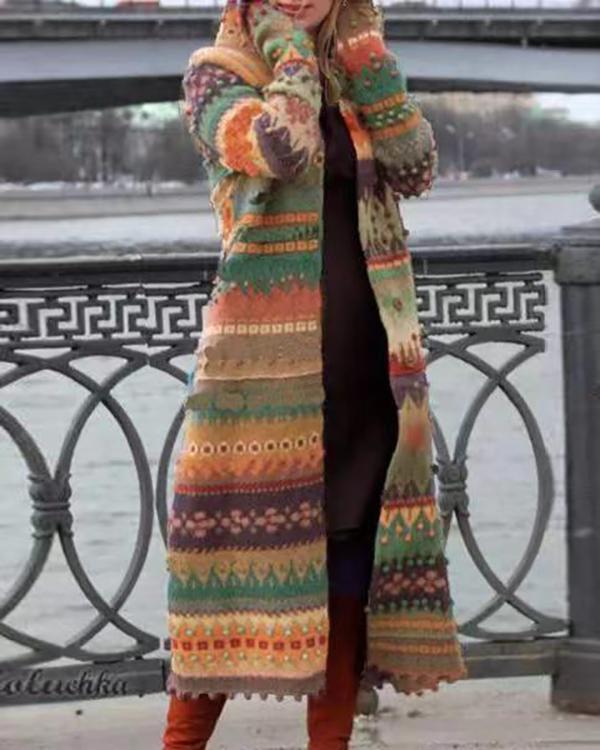 Patchwork Printed Loose Hooded Button Woolen Coat