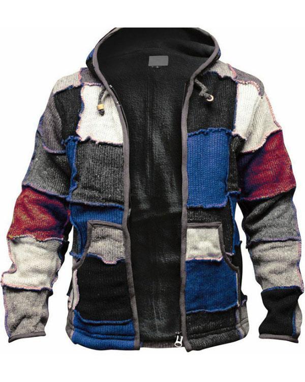 Hooded Color Block Blue Red Loose Men's Woolen Cardigan