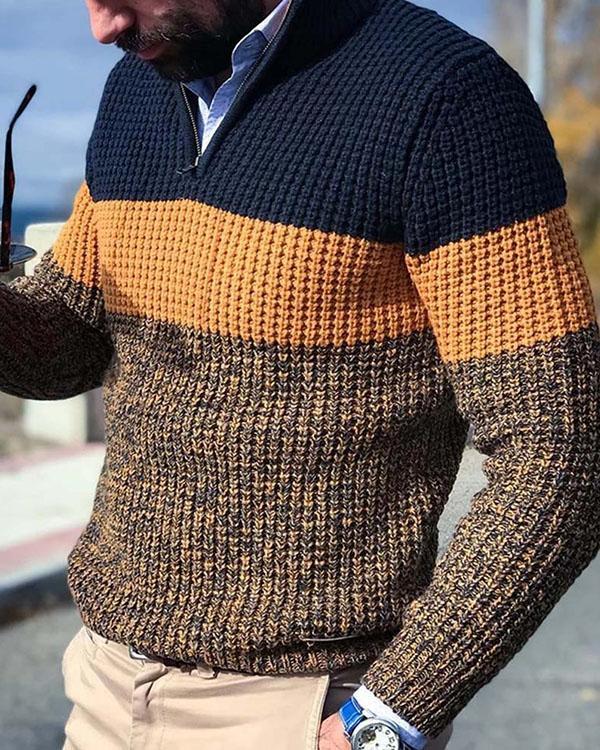 Men's Colorblock Zipper Neck Casual Knit Sweater