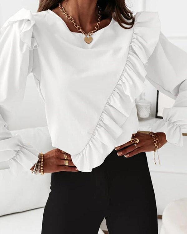 Casual Stylish Details Patchwork Solid Color Puff Sleeves Shirt