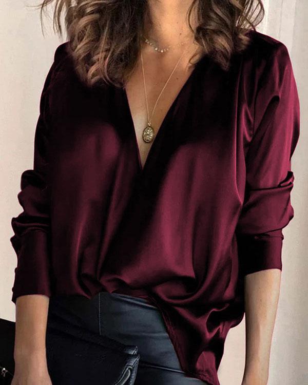 Professional Casual Shirt V Neck Solid Color Satin Blouse Tops