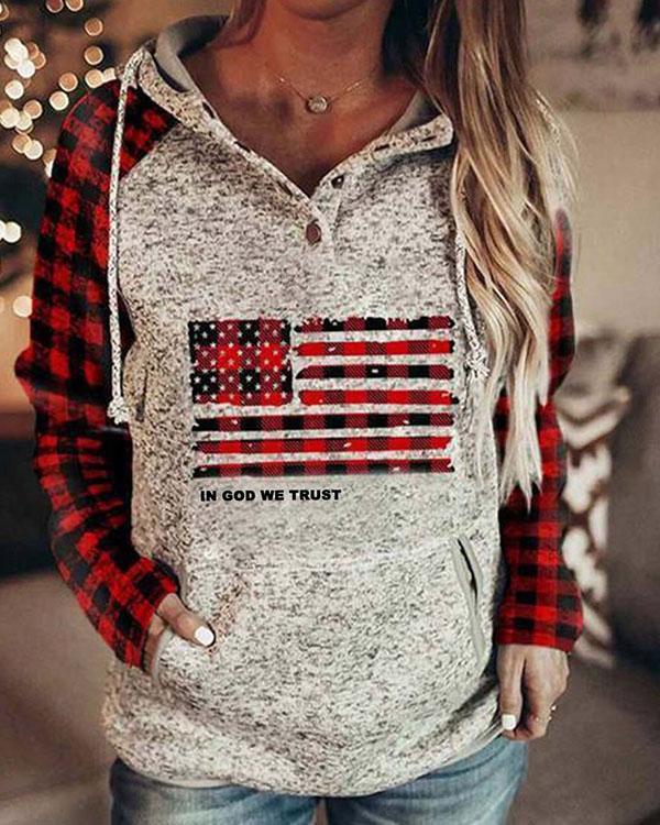 Red Flag Print Cotton-Blend Button Hoodie Winter Fleece Sweatshirt