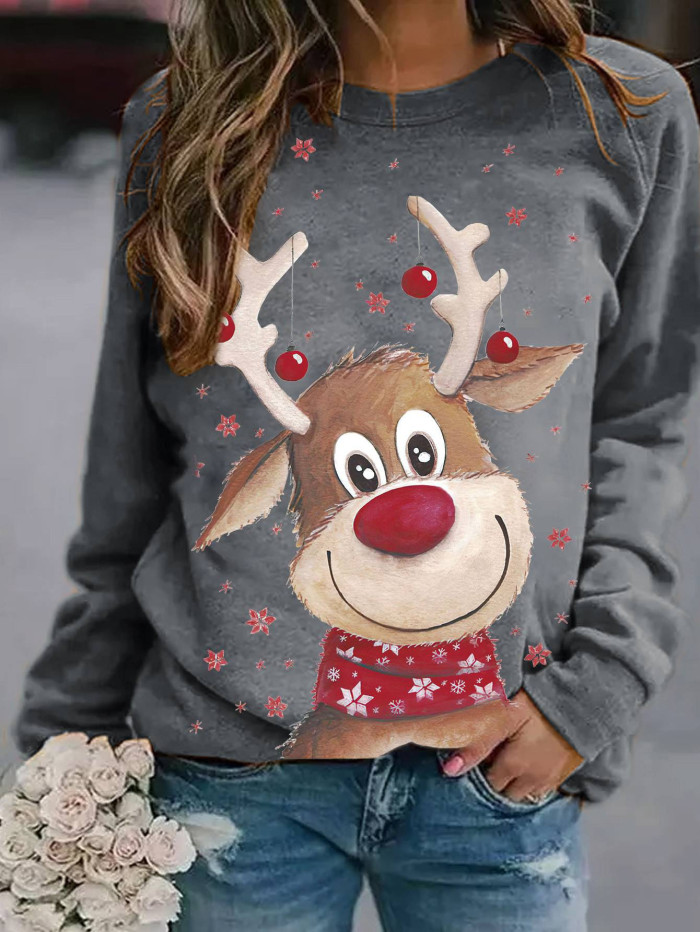 Christmas Print Long-sleeved Round Neck T-shirt