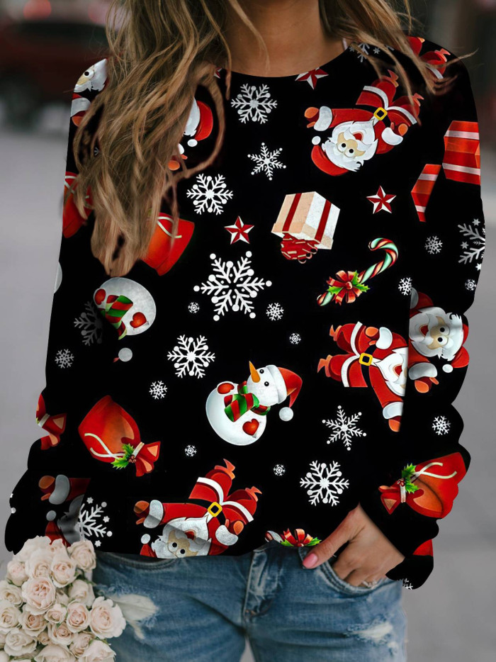 Christmas Print Long-sleeved Round Neck T-shirt