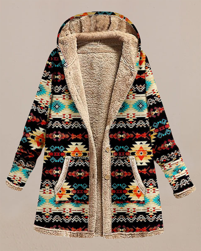 Linen Print Hooded Plush Jacket