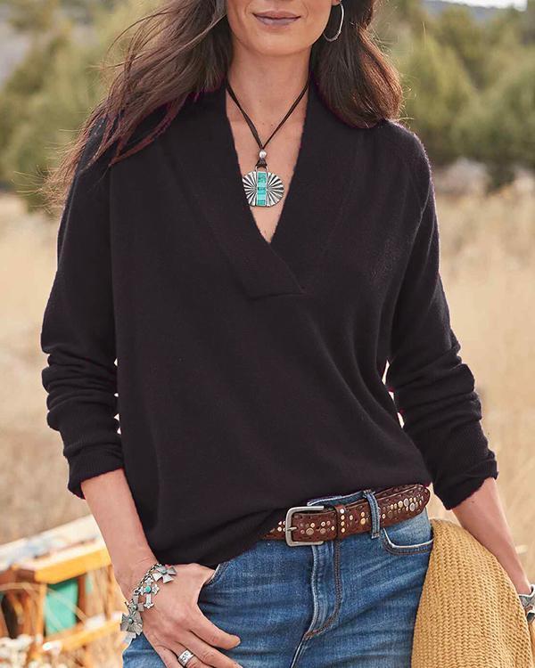 V-neck Pullover Solid Color Loose Long-sleeved Top