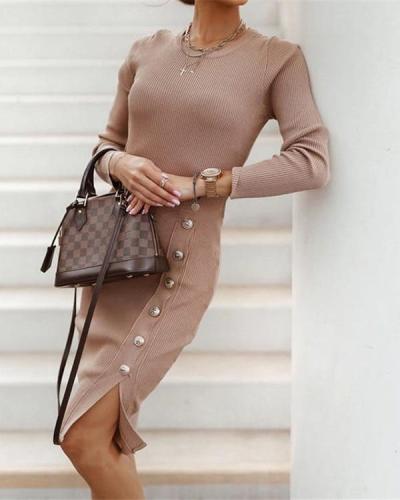 Women Fashion Slit Buttons Knit Dress