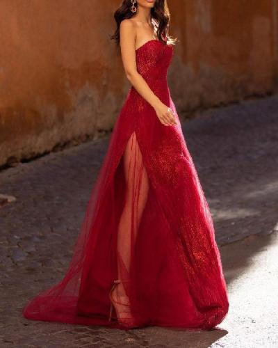 Charming One Shoulder Semi-sheer Red Glitter Tulle Slit Gown