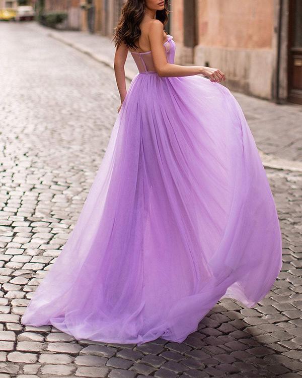 Romantic Purple Tulle Strapless Ruching Flattering A-line Split Maxi Dress