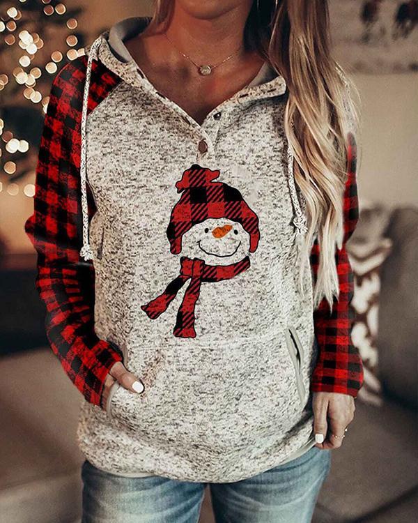 Women Print Christmas Plaid Sleeve Hooded Sweatshirt
