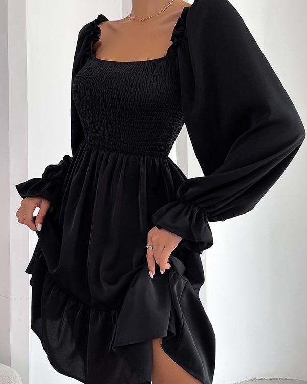 Square Neck Long Sleeve High Waist Dress