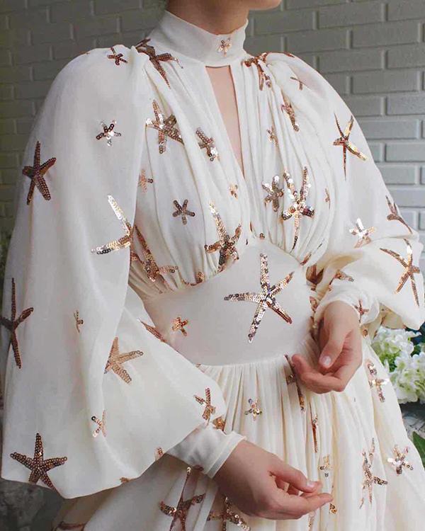 Star Sequin Lantern Sleeve Chiffon Slit Dress(3 Colors)