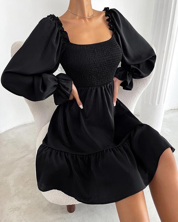 Square Neck Long Sleeve High Waist Dress