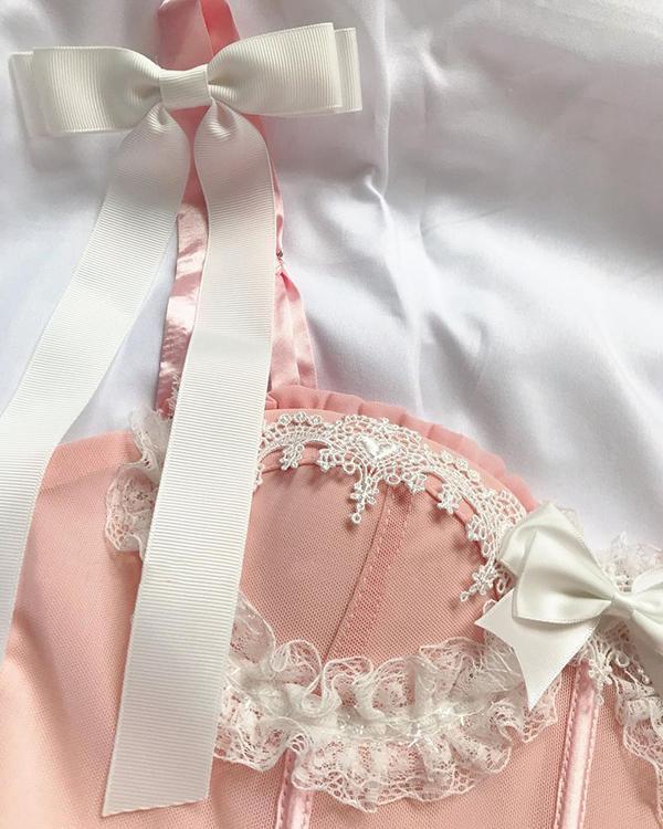Lace Patchwork Ribbon No Pad Bustier Tops Cute Vest