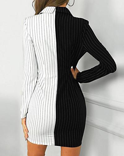 Black White Contrast Ladies Stripe Button Asymmetric Work Dress