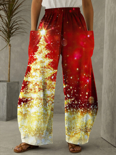 Gold Christmas Tree Print  Print Casual Loose Pants